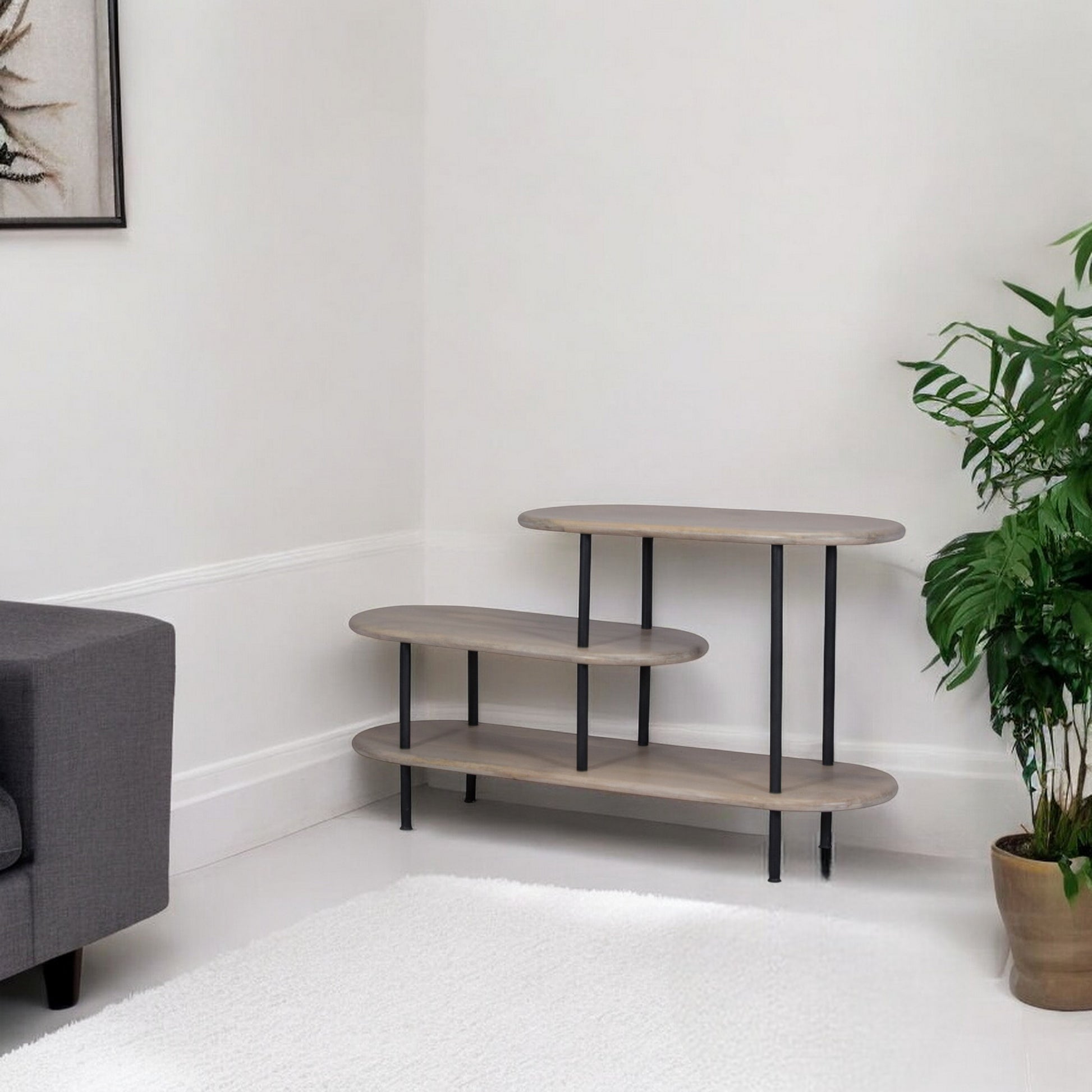 25 White And Gray Iron and Solid Wood Three Tier Bookcase By Homeroots | Bookcases | Modishstore - 1