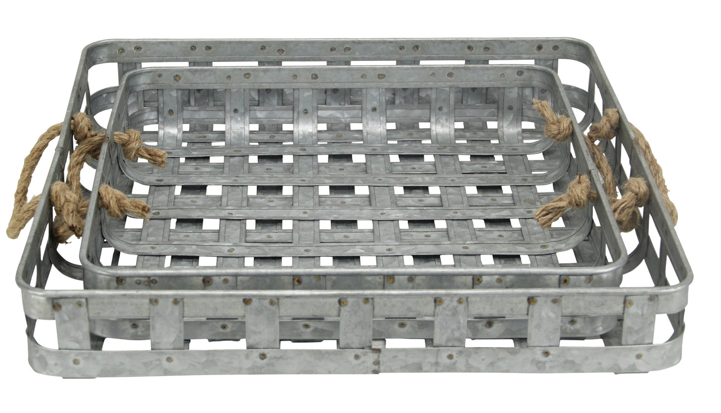 Set of Two Gray Rectangular Metal Handmade Serving Tray With Handles By Homeroots | Trays & Pedestals | Modishstore - 7