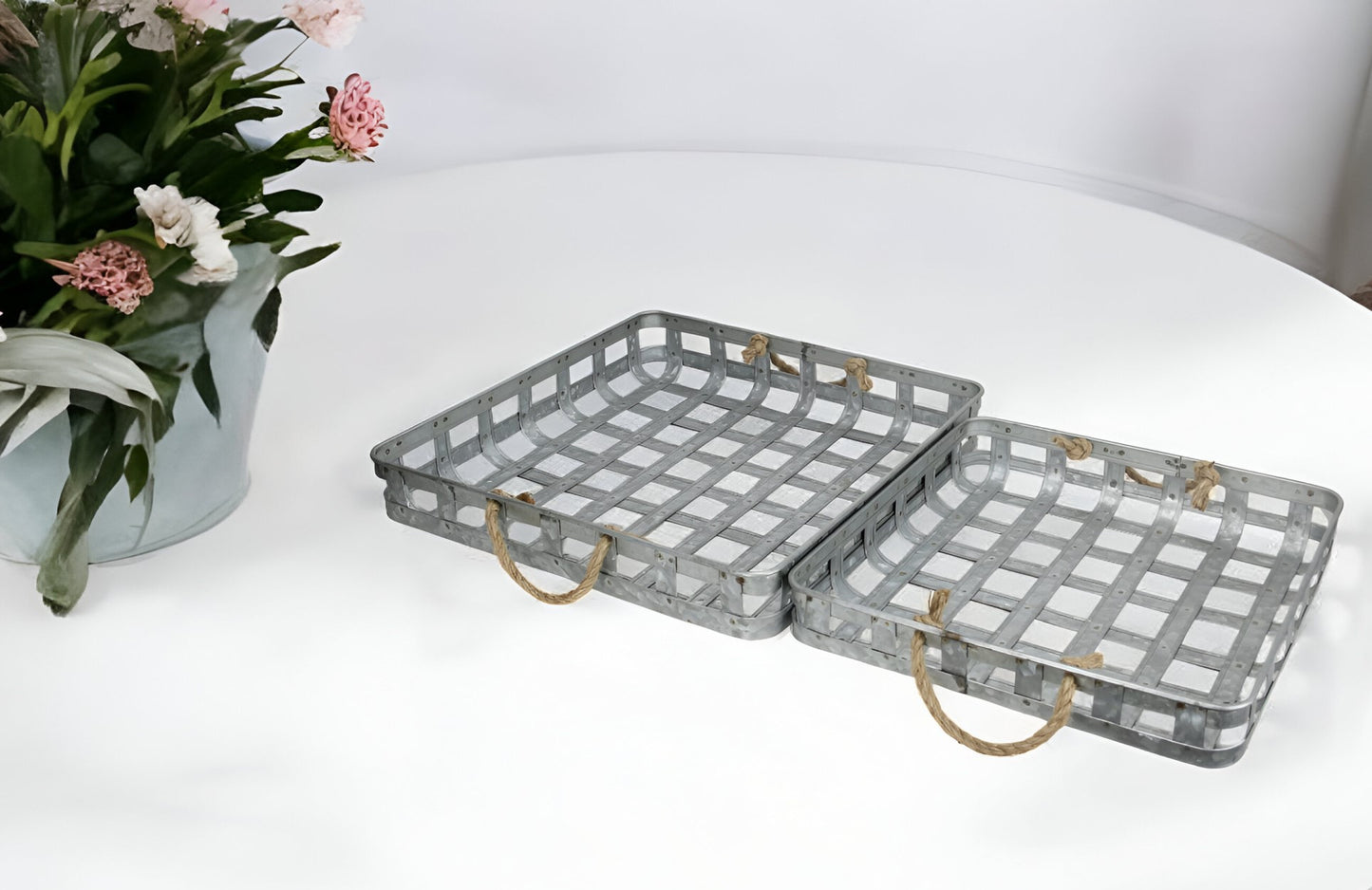 Set of Two Gray Rectangular Metal Handmade Serving Tray With Handles By Homeroots | Trays & Pedestals | Modishstore - 1