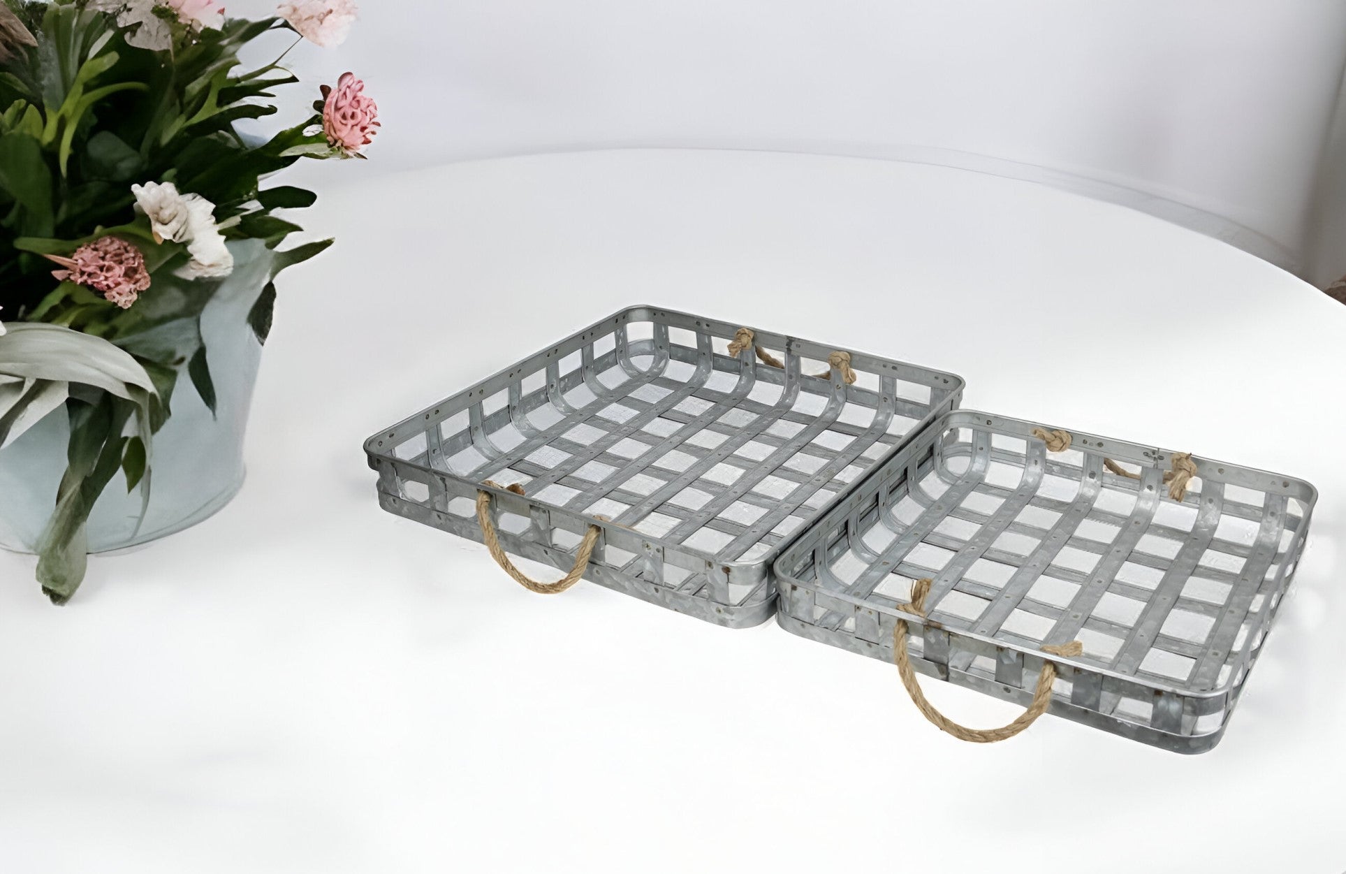 Set of Two Gray Rectangular Metal Handmade Serving Tray With Handles By Homeroots | Trays & Pedestals | Modishstore - 1