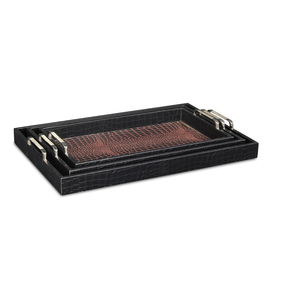 Set of Three Brown Rectangular Wood Handmade Serving Tray With Handles By Homeroots | Trays & Pedestals | Modishstore - 2
