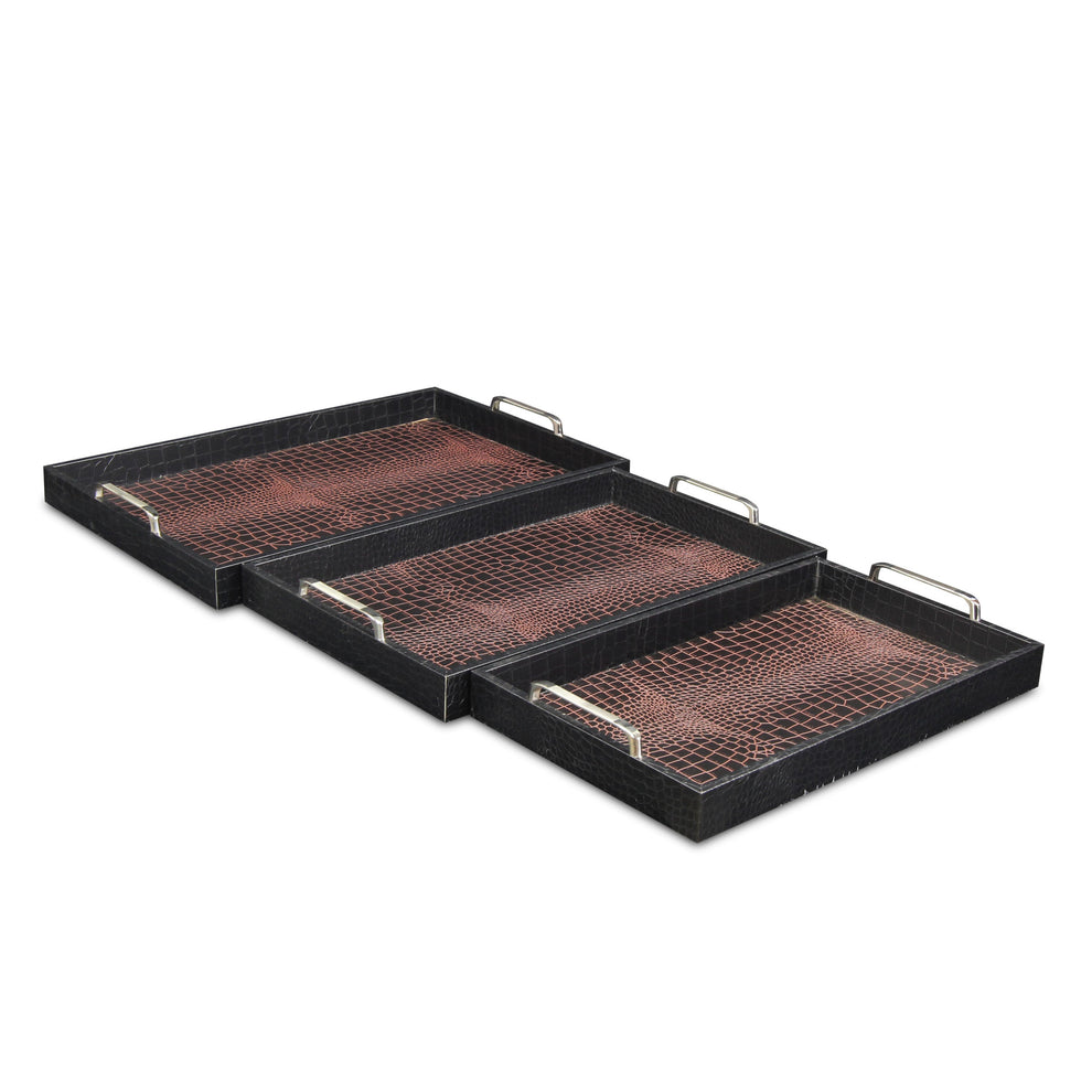 Set of Three Brown Rectangular Wood Handmade Serving Tray With Handles By Homeroots | Trays & Pedestals | Modishstore - 5