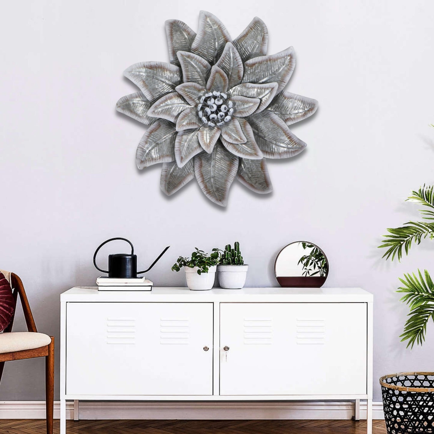 Gray and Off White Galvanized Metal Flower Hanging Dimensional Sculpture By Homeroots | Wall Decor | Modishstore - 5