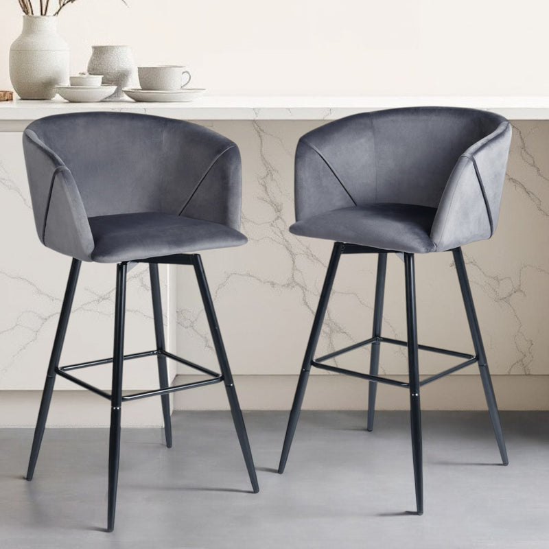 Set of Two Gray And Black Velvet And Steel Low Back Bar Height Bar Chairs By Homeroots | Bar Stools | Modishstore - 1