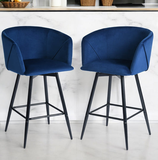 Set of Two Blue And Black Velvet And Steel Low Back Bar Height Bar Chairs By Homeroots | Bar Stools | Modishstore - 1