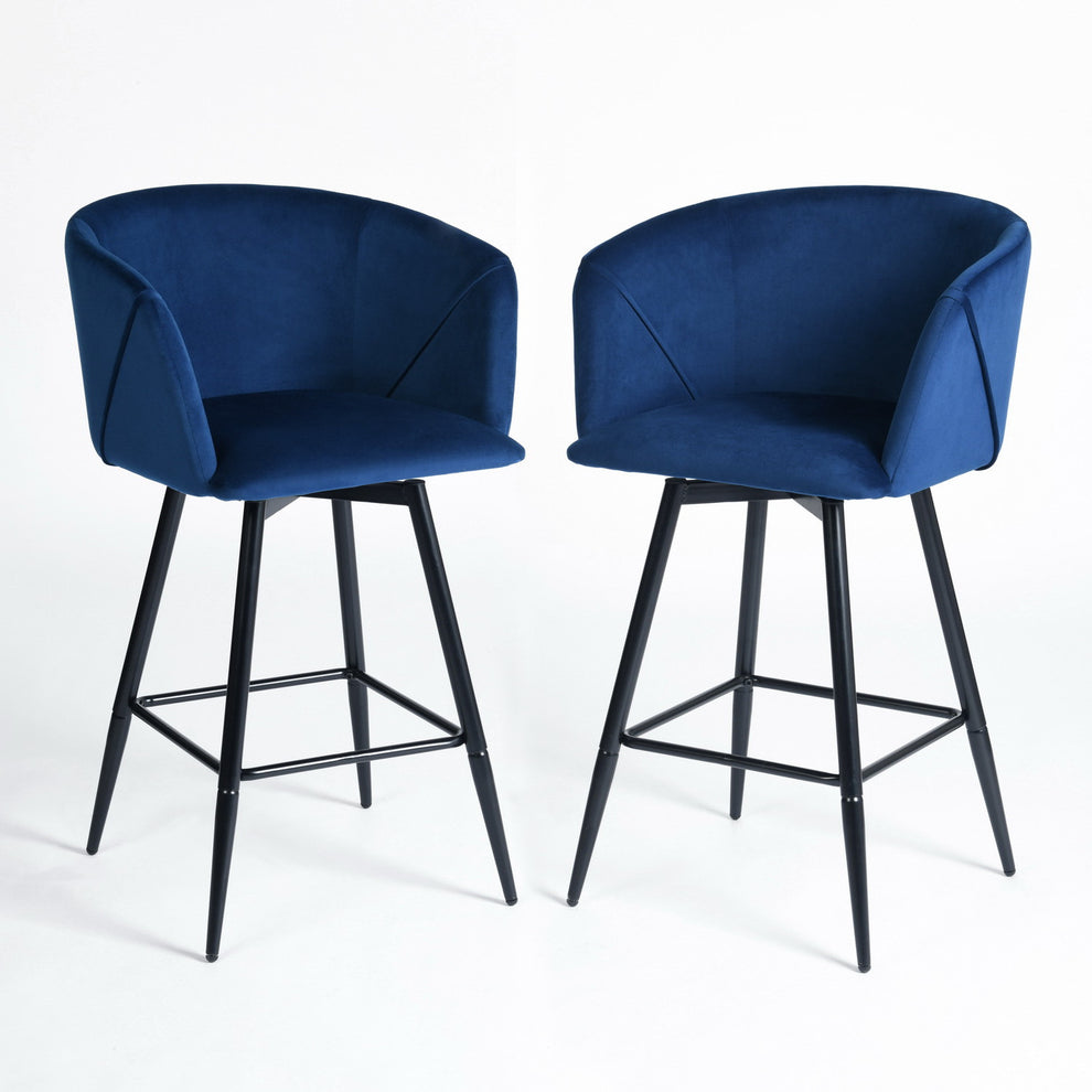Set of Two Blue And Black Velvet And Steel Low Back Bar Height Bar Chairs By Homeroots | Bar Stools | Modishstore - 6