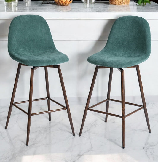 Set of Two Green And Brown Velvet And Steel Counter Height Bar Chairs By Homeroots | Bar Stools | Modishstore - 1