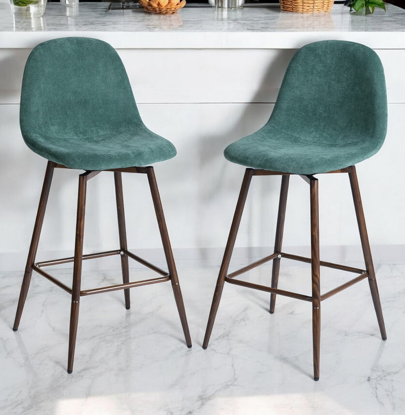 Set of Two Green And Brown Velvet And Steel Counter Height Bar Chairs By Homeroots | Bar Stools | Modishstore - 1
