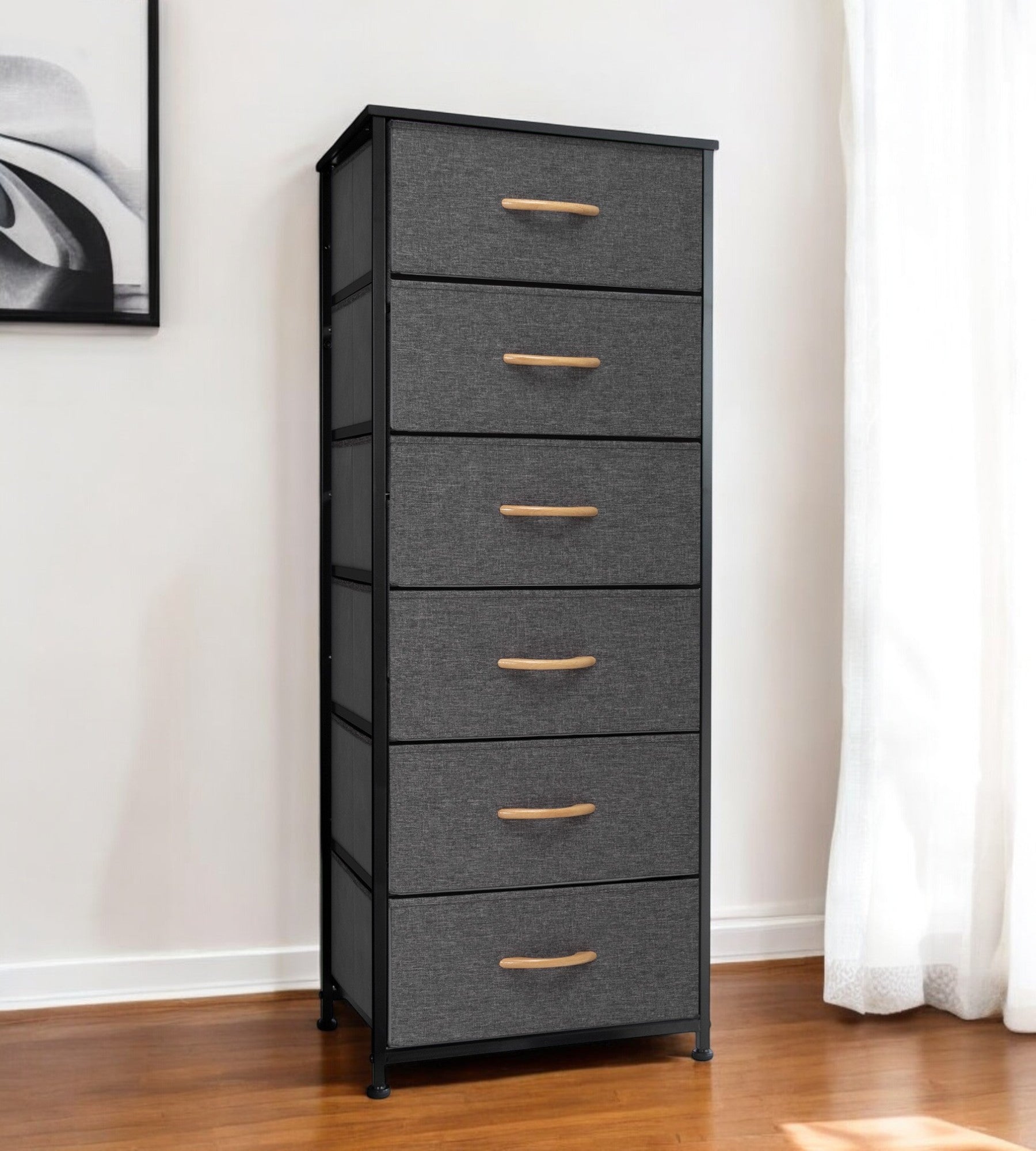 Gray And Black Steel And Fabric Six Drawer Dresser By Homeroots | Dressers | Modishstore - 1
