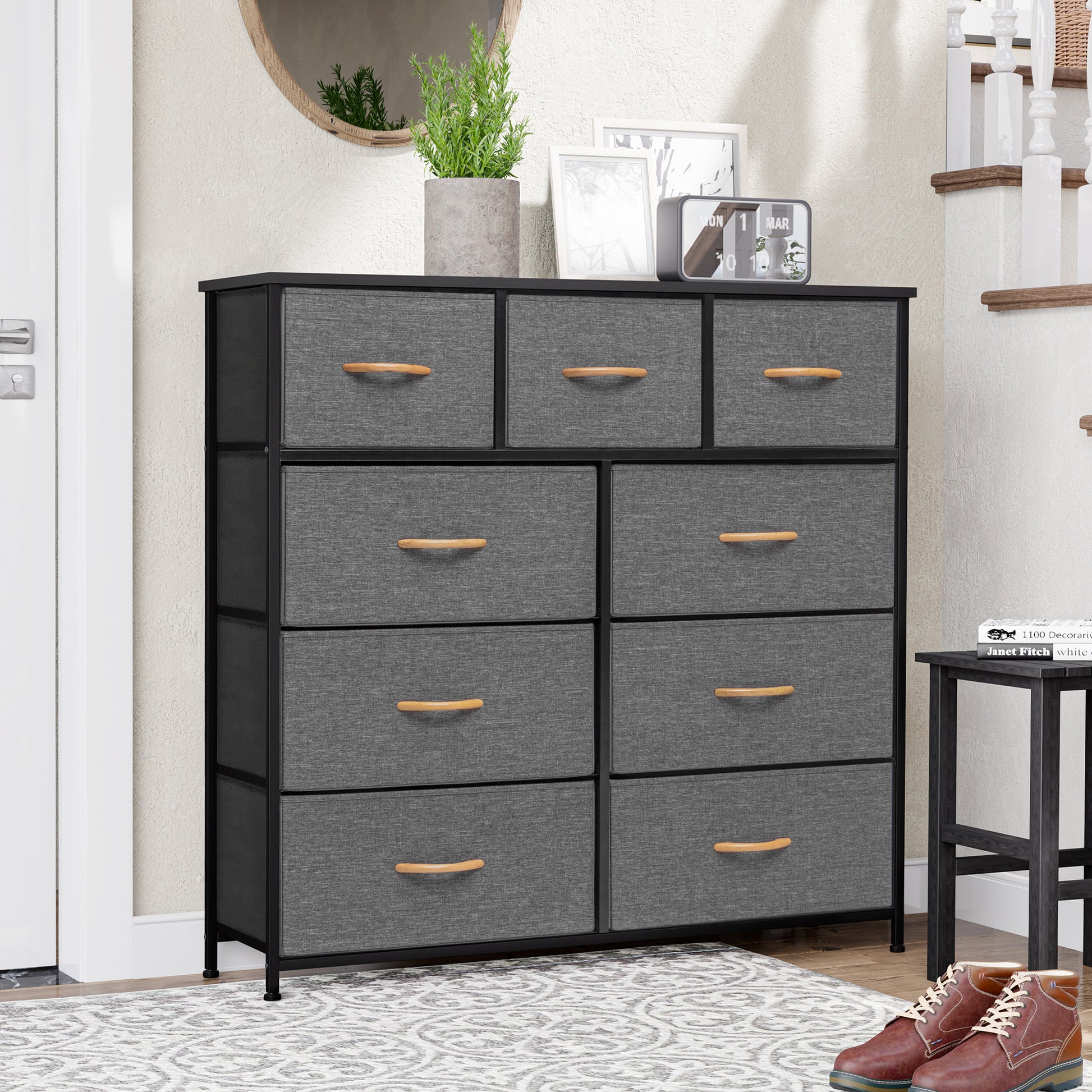 Gray and White Steel and Fabric Nine Drawer Triple Dresser By Homeroots | Dressers | Modishstore - 2