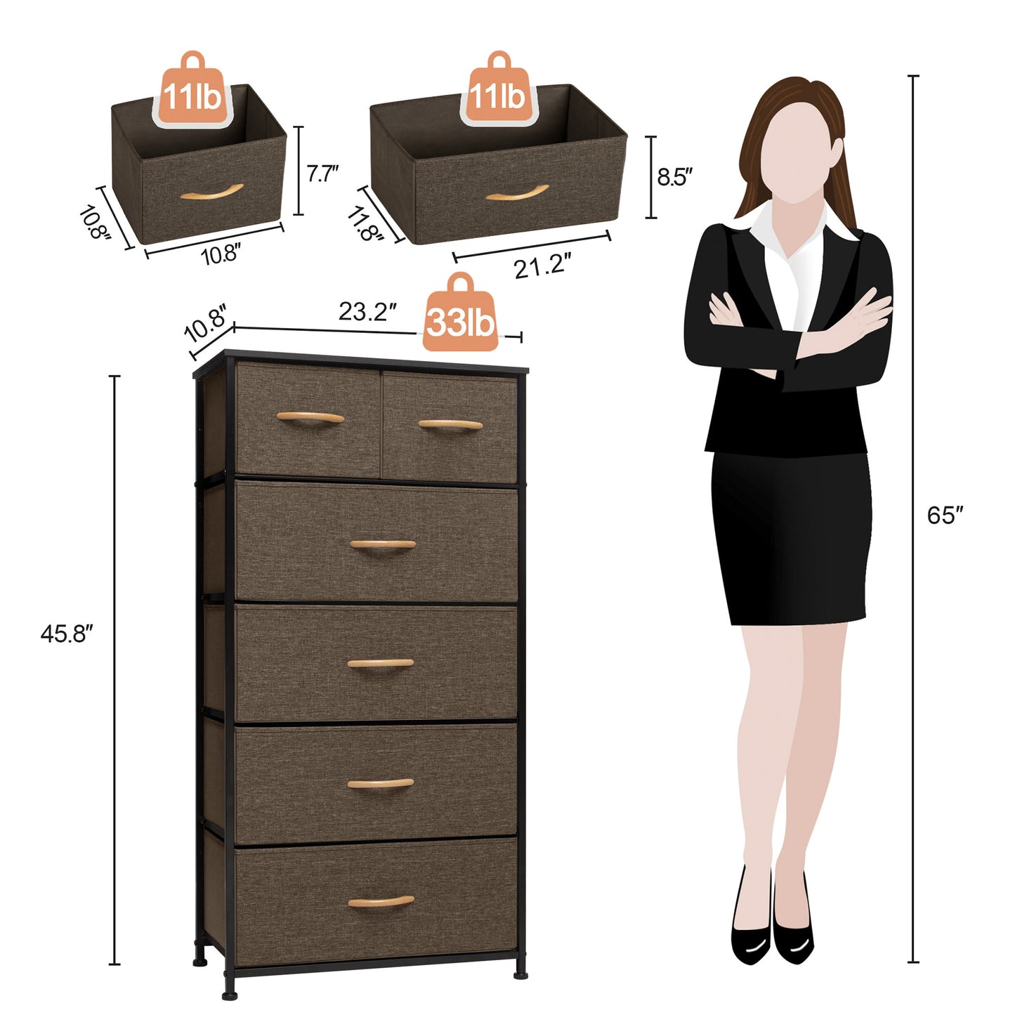 Brown Steel and Fabric Six Drawer Combo Dresser By Homeroots | Dressers | Modishstore - 4