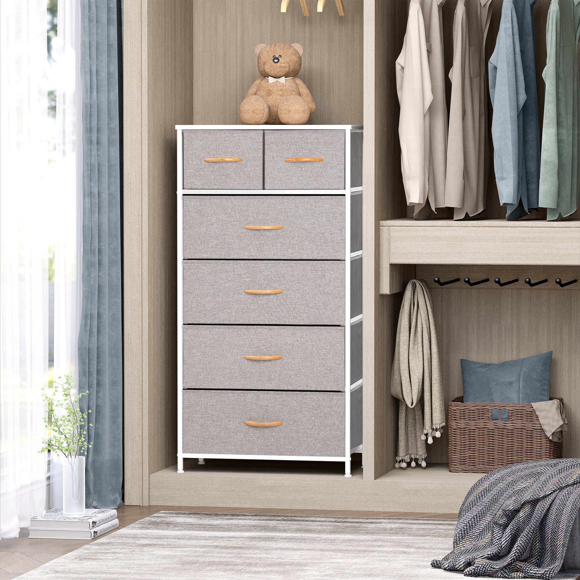 Gray and White Steel and Fabric Six Drawer Chest By Homeroots | Dressers | Modishstore - 3