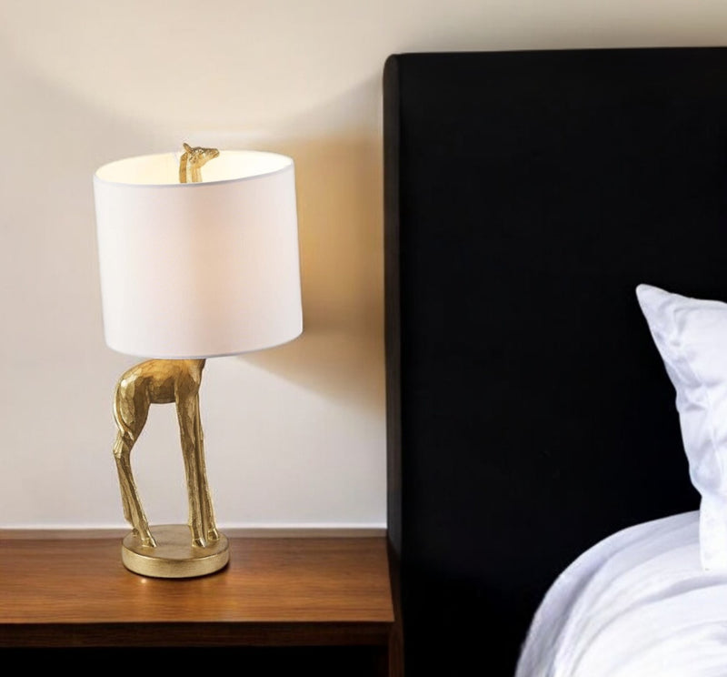 Gold Textured Giraffe Table Lamp With White Drum Shade By Homeroots | Table Lamps | Modishstore - 1