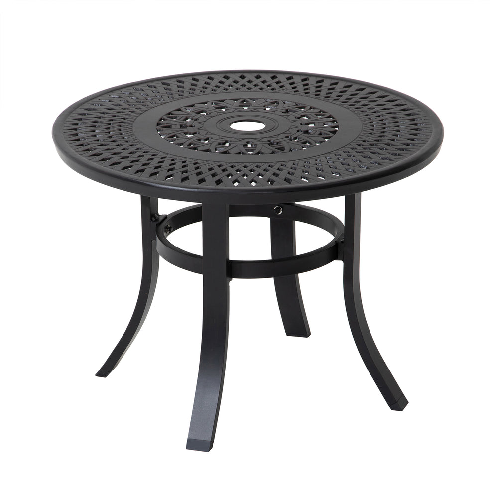 Black Rounded Metal Outdoor Bistro Table With Umbrella Hole By Homeroots | Outdoor Tables | Modishstore - 2