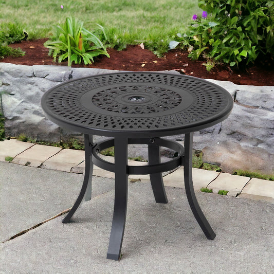 Black Rounded Metal Outdoor Bistro Table With Umbrella Hole By Homeroots | Outdoor Tables | Modishstore - 1