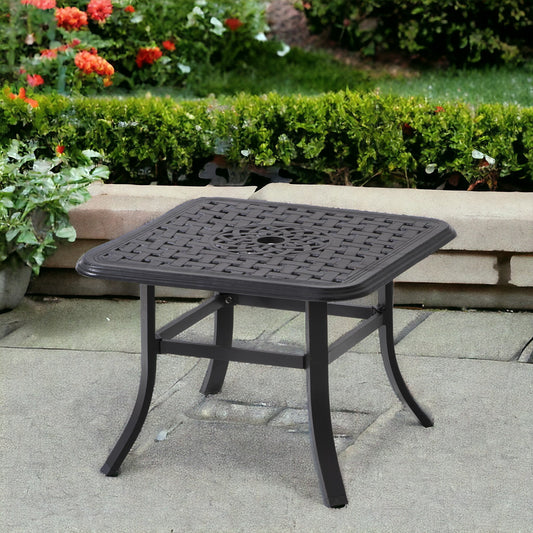 Black Square Metal Outdoor Bistro Table With Umbrella Hole By Homeroots | Outdoor Tables | Modishstore - 1