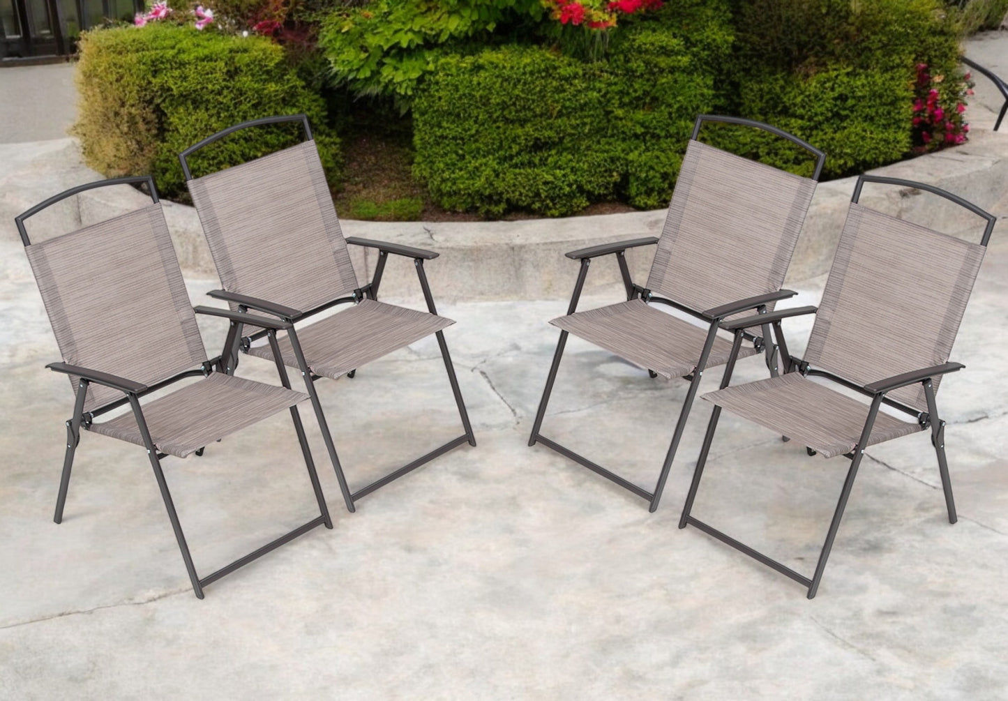 Set of Four Brown Steel Sling Outdoor Folding Arm Chairs By Homeroots | Outdoor Chairs | Modishstore - 1