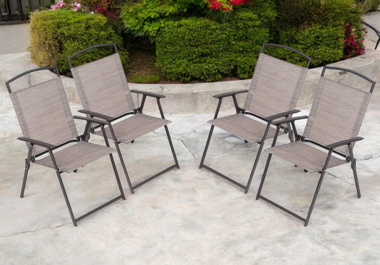 Set of Four Brown Steel Sling Outdoor Folding Arm Chairs By Homeroots | Outdoor Chairs | Modishstore - 1