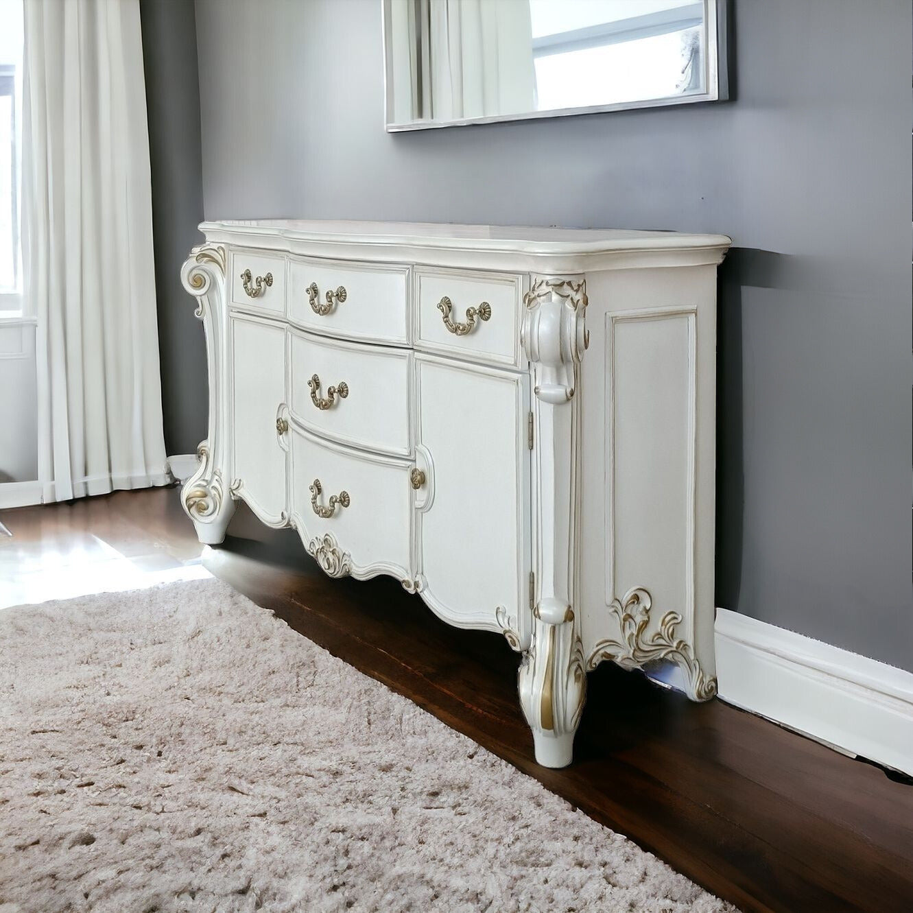 Pearl Solid and Manufactured Wood Five Drawer Triple Dresser By Homeroots | Dressers | Modishstore - 1