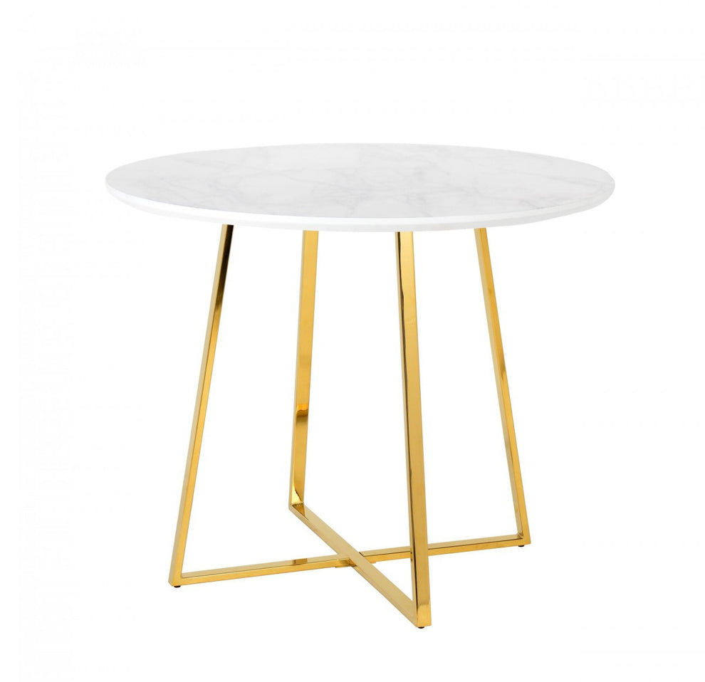 White And Gold Rounded Iron Pedestal Base Dining Table By Homeroots | Dining Tables | Modishstore - 2
