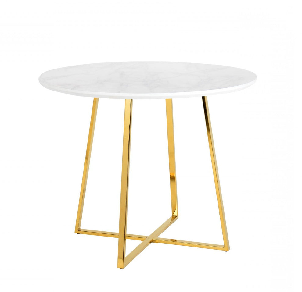 White And Gold Rounded Iron Pedestal Base Dining Table By Homeroots | Dining Tables | Modishstore - 3