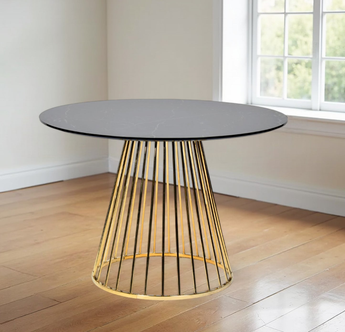 Black And Gold Rounded Stainless Steel Pedestal Base Dining Table By Homeroots | Dining Tables | Modishstore - 1