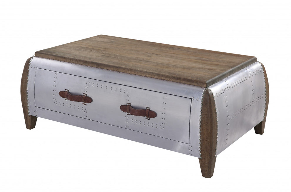 Brown and Gray Solid Wood And Aluminum Solid Coffee Table With Drawer By Homeroots | Coffee Tables | Modishstore - 2