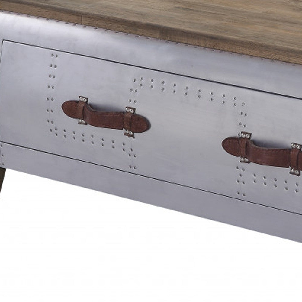 Brown and Gray Solid Wood And Aluminum Solid Coffee Table With Drawer By Homeroots | Coffee Tables | Modishstore - 3