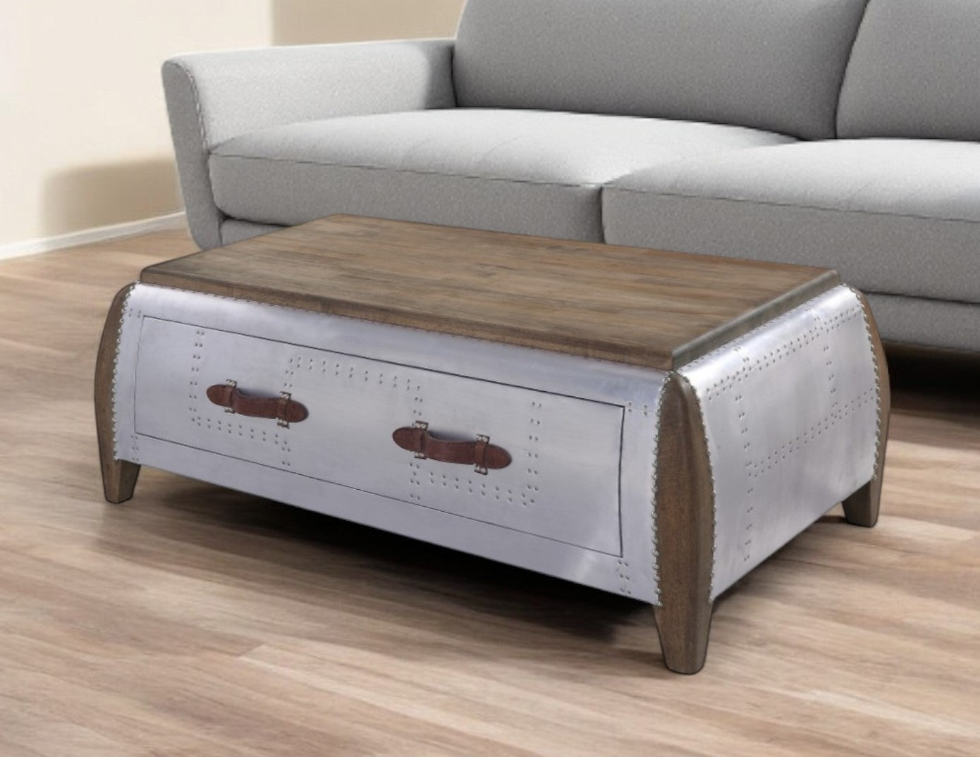 Brown and Gray Solid Wood And Aluminum Solid Coffee Table With Drawer By Homeroots | Coffee Tables | Modishstore - 1