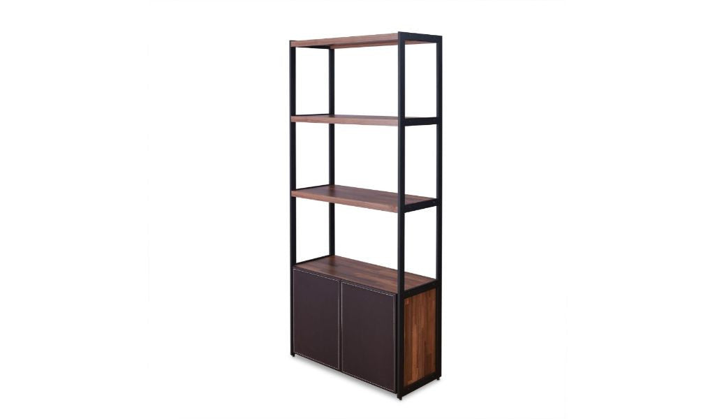 Brown And Black Metal Three Tier Bookcase with Two Doors By Homeroots | Bookcases | Modishstore - 2