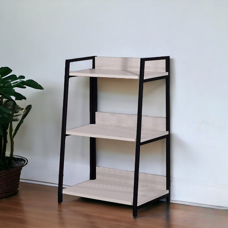 Natural and Black Metal Three Tier Ladder Bookcase By Homeroots | Bookcases | Modishstore - 1