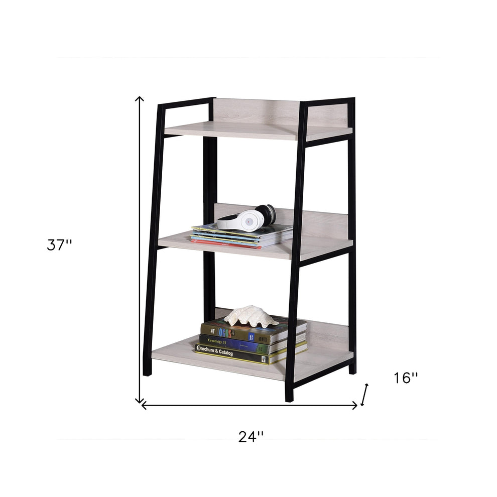 Natural and Black Metal Three Tier Ladder Bookcase By Homeroots | Bookcases | Modishstore - 7