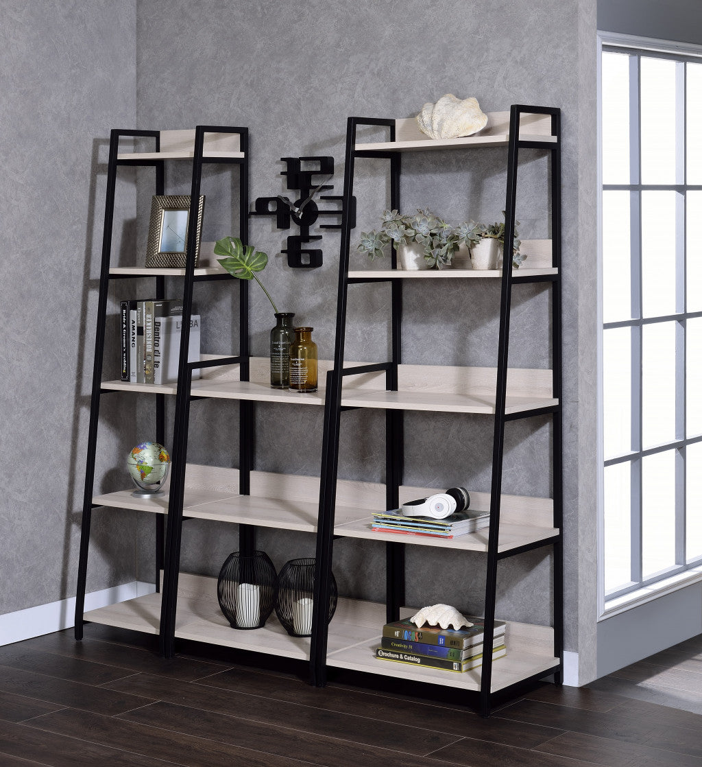 Natural and Black Metal Three Tier Ladder Bookcase By Homeroots | Bookcases | Modishstore - 6