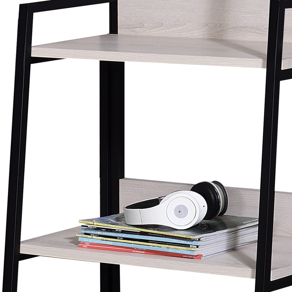 Natural and Black Metal Three Tier Ladder Bookcase By Homeroots | Bookcases | Modishstore - 5