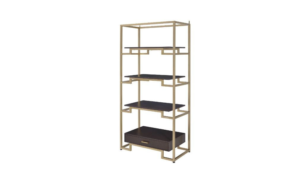 Gold and Black Metal Four Tier Etagere Bookcase with a Drawer By Homeroots | Bookcases | Modishstore - 6