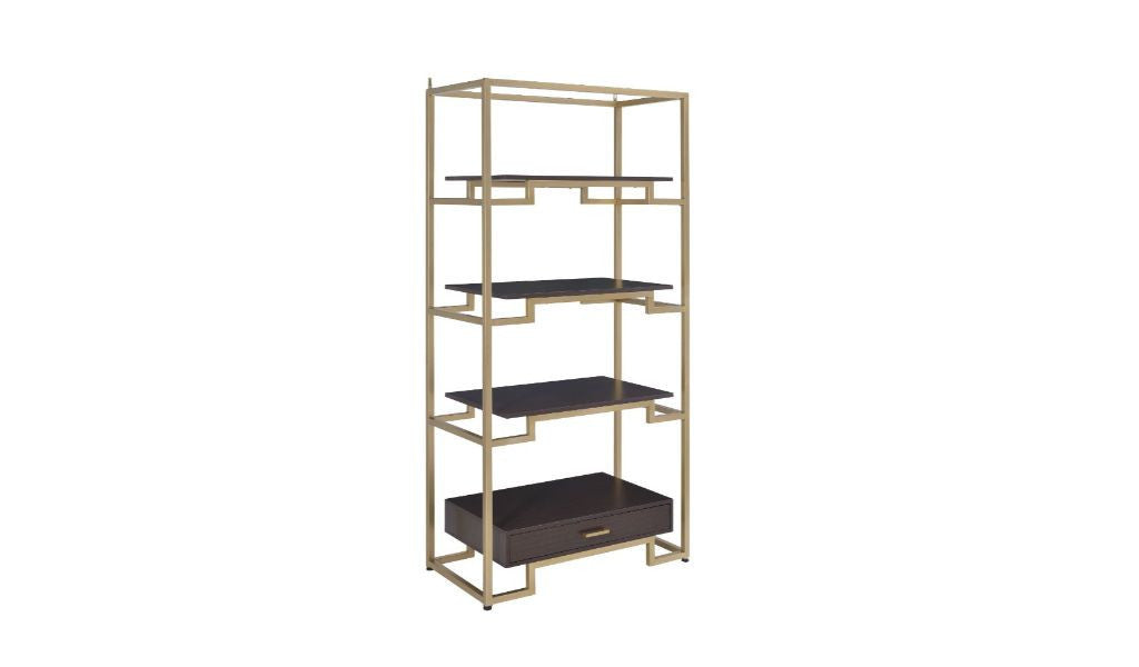 Gold and Black Metal Four Tier Etagere Bookcase with a Drawer By Homeroots | Bookcases | Modishstore - 1