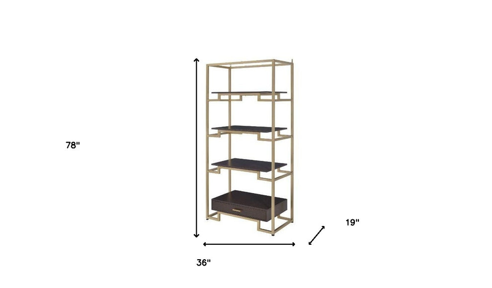 Gold and Black Metal Four Tier Etagere Bookcase with a Drawer By Homeroots | Bookcases | Modishstore - 4