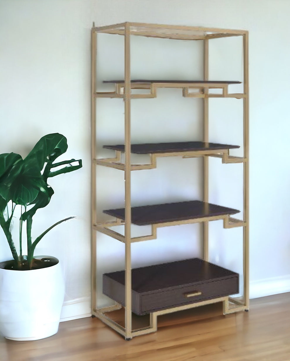Gold and Black Metal Four Tier Etagere Bookcase with a Drawer By Homeroots | Bookcases | Modishstore - 5