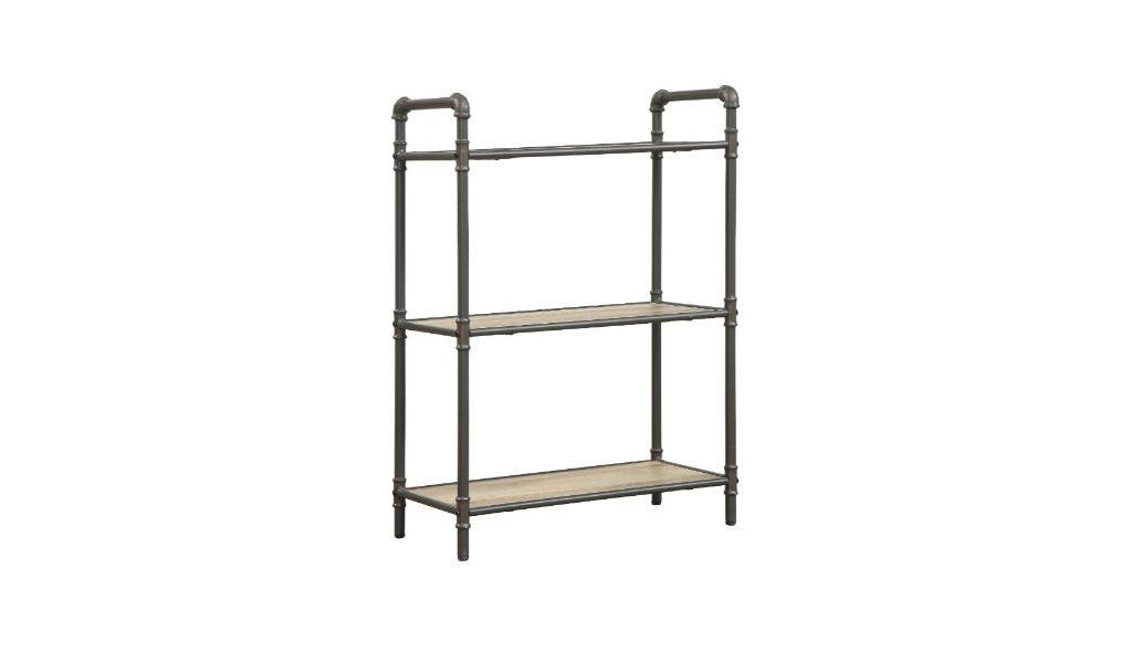 Antique Oak and Sandy Gray Metal Three Tier Standard Bookcase By Homeroots | Bookcases | Modishstore - 4