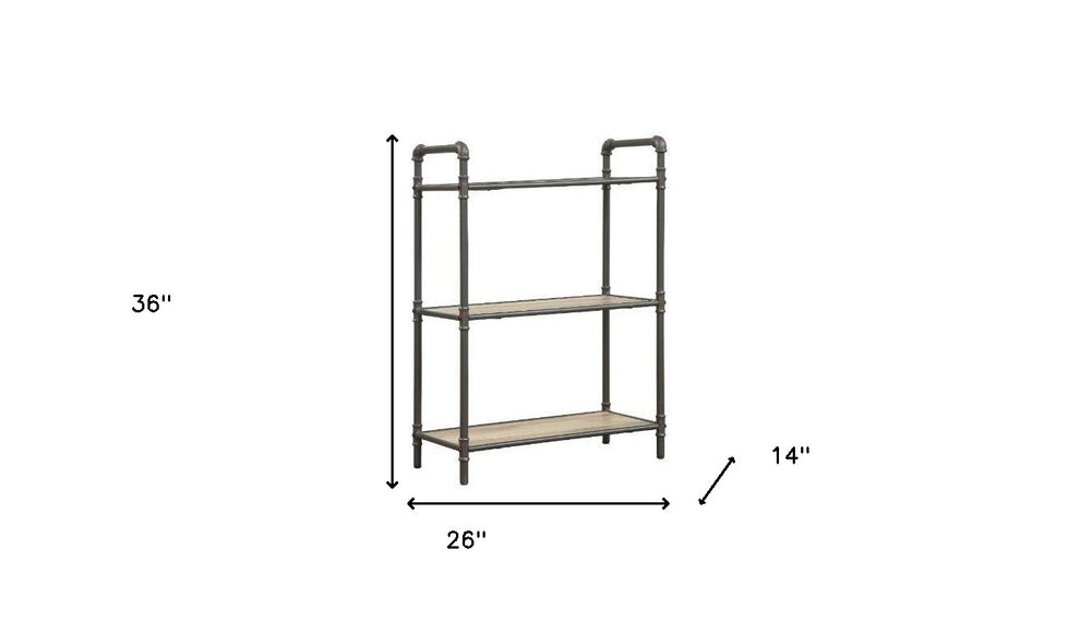 Antique Oak and Sandy Gray Metal Three Tier Standard Bookcase By Homeroots | Bookcases | Modishstore - 2