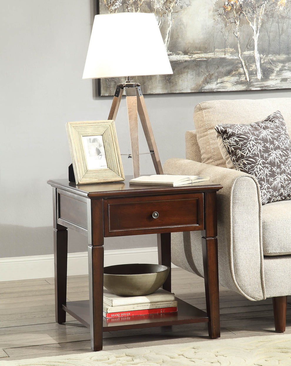 Walnut Manufactured Wood Rectangular End Table With Drawer And Shelf By Homeroots | End Tables | Modishstore - 2