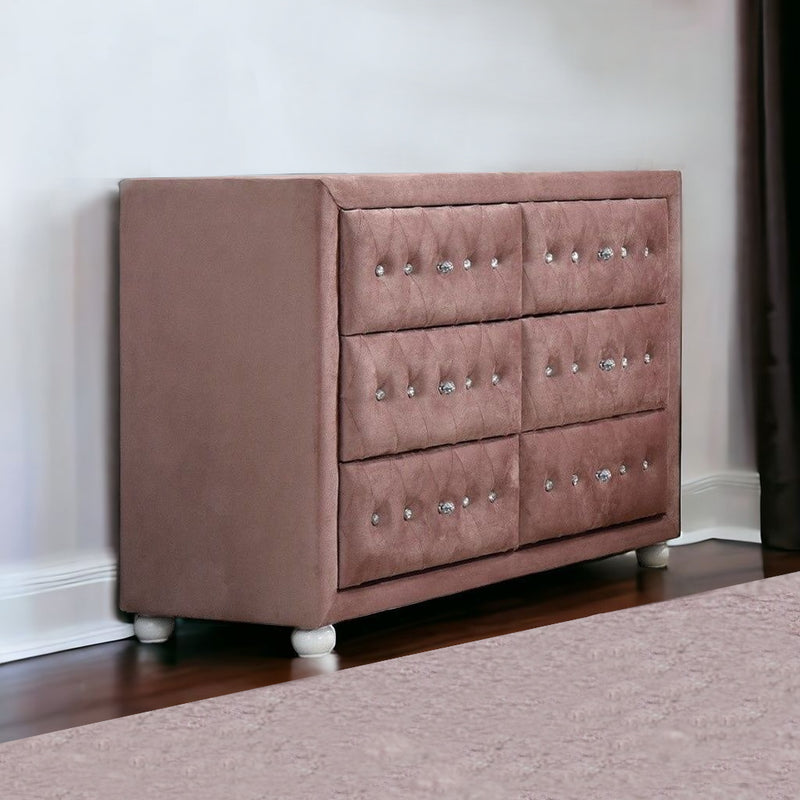 Pink Solid and Manufactured Wood Six Drawer Double Dresser By Homeroots | Dressers | Modishstore - 1
