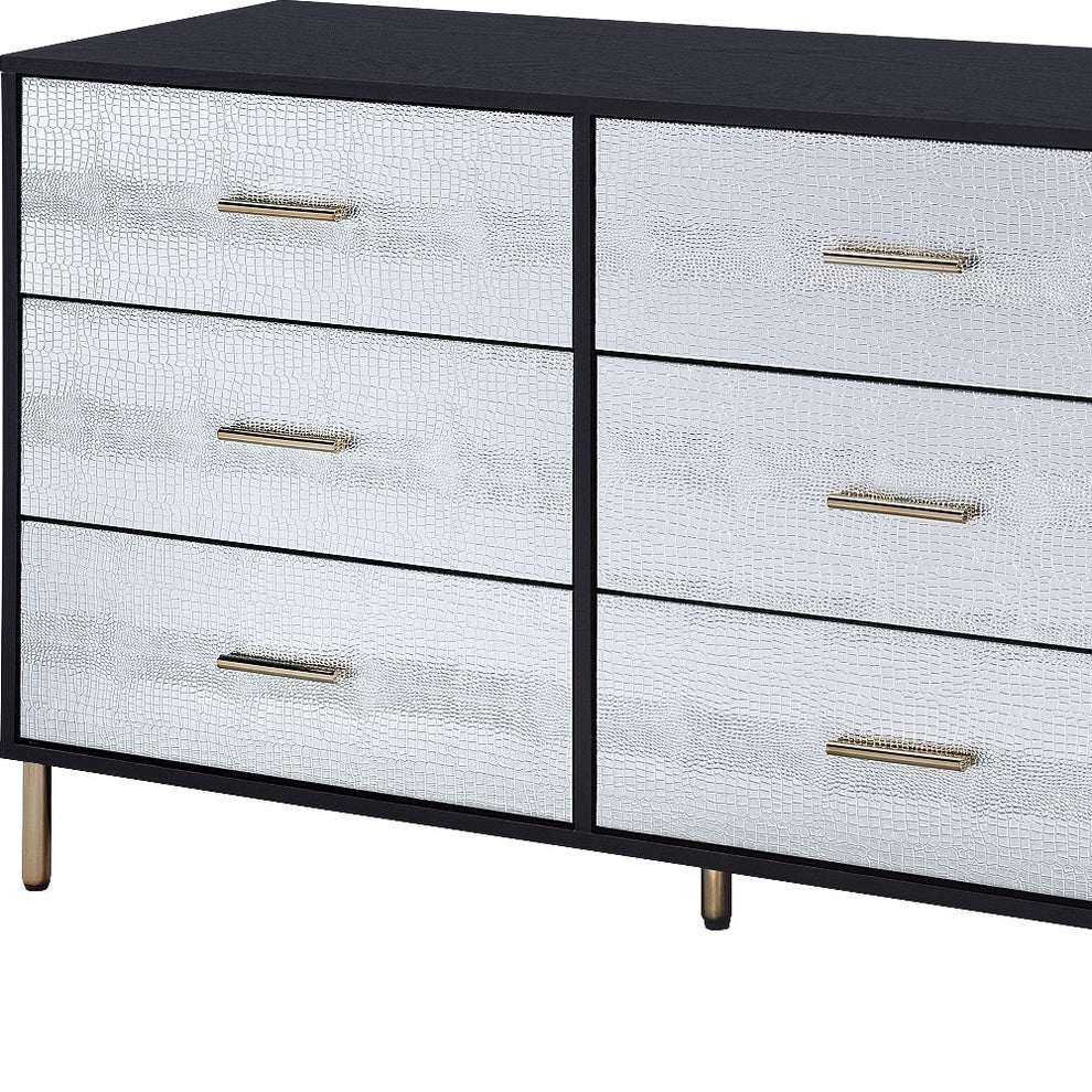 Black Silver and Gold Faux Croc Design Six Drawer Double Dresser By Homeroots | Dressers | Modishstore - 2