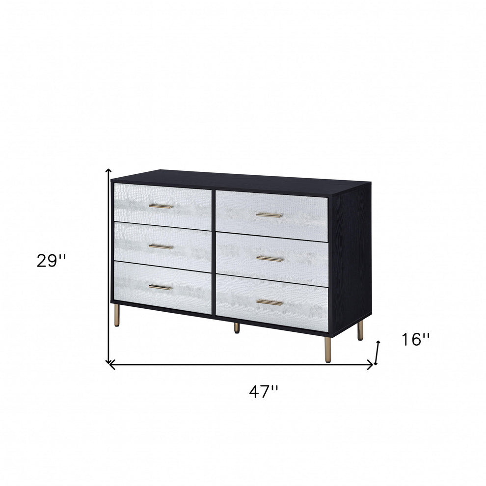 Black Silver and Gold Faux Croc Design Six Drawer Double Dresser By Homeroots | Dressers | Modishstore - 4