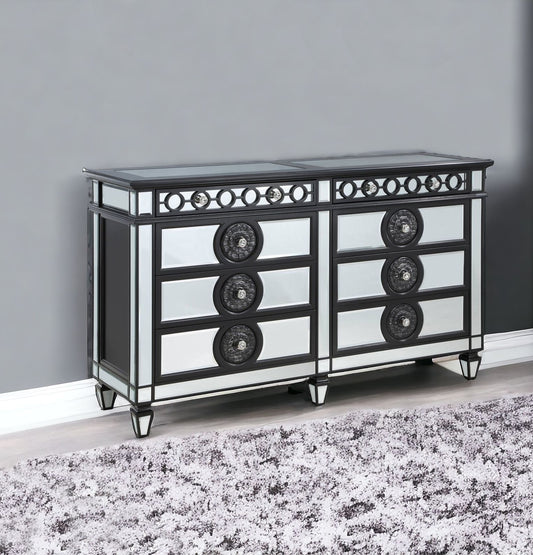 Black and Silver Solid and Manufactured Wood Mirrored Eight Drawer Double Dresser By Homeroots | Dressers | Modishstore - 1