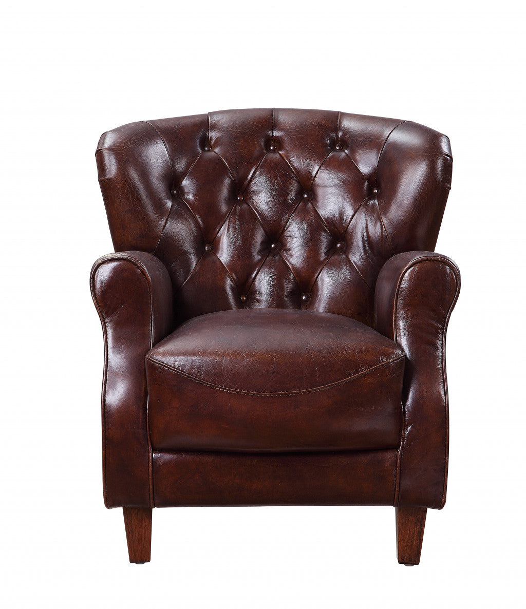 Brown and Steel Blue Top Grain Leather Tufted Club Chair By Homeroots | Accent Chairs | Modishstore - 1
