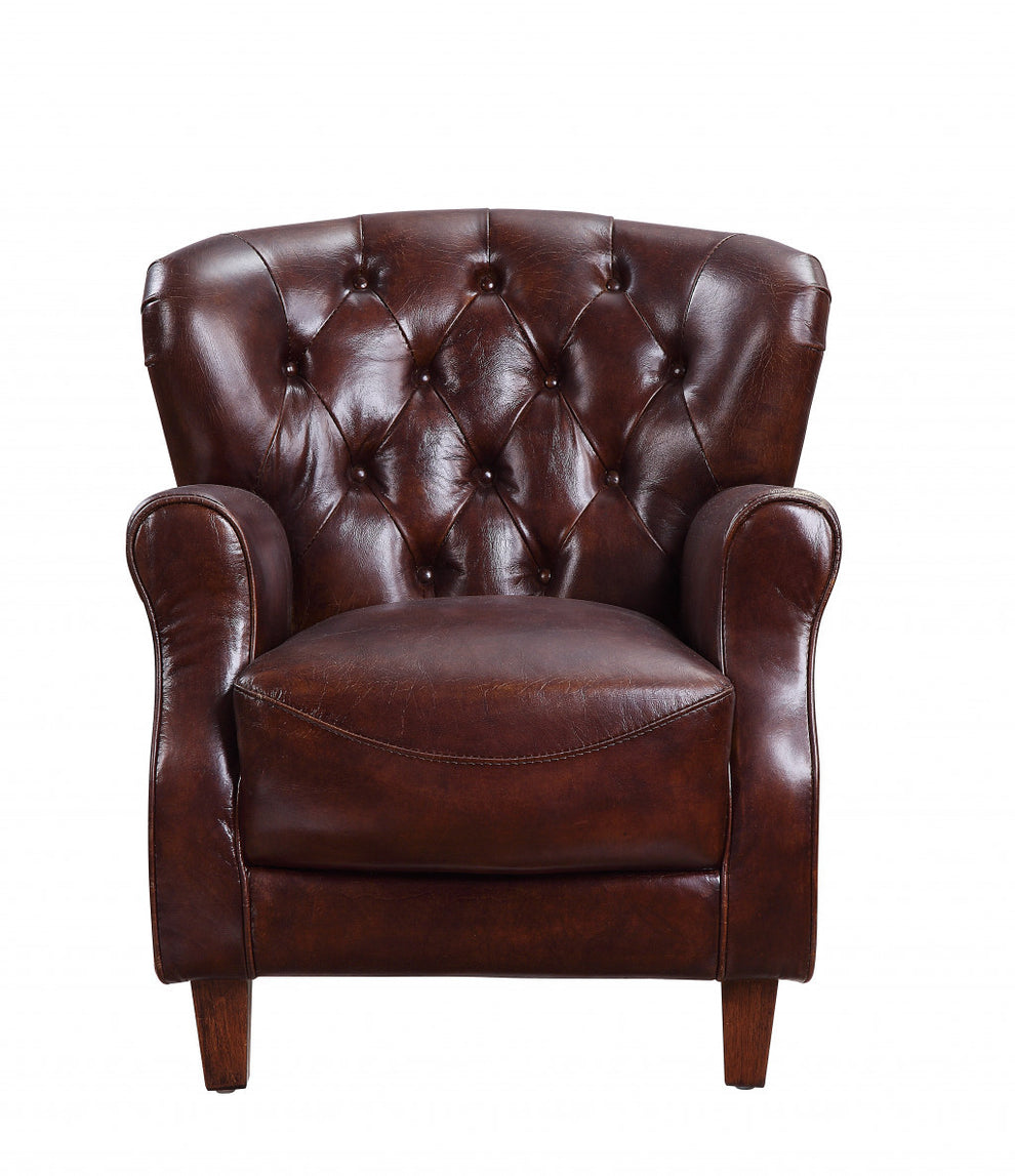 Brown and Steel Blue Top Grain Leather Tufted Club Chair By Homeroots | Accent Chairs | Modishstore - 2