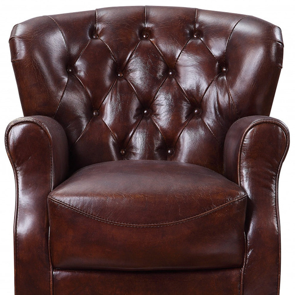 Brown and Steel Blue Top Grain Leather Tufted Club Chair By Homeroots | Accent Chairs | Modishstore - 3
