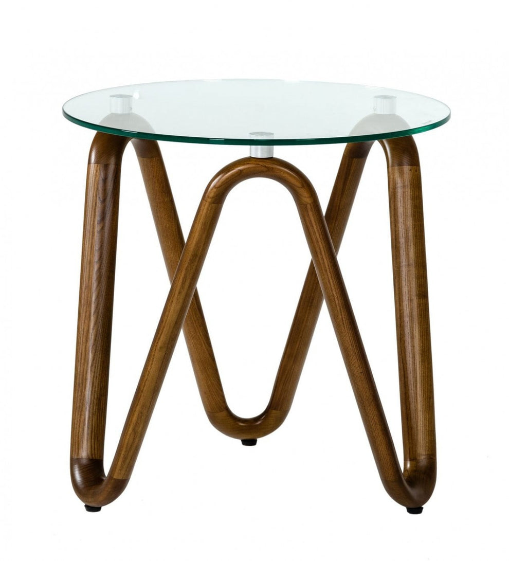 Walnut And Clear Glass Solid Wood Ribbon Base Round End Table By Homeroots | End Tables | Modishstore - 5