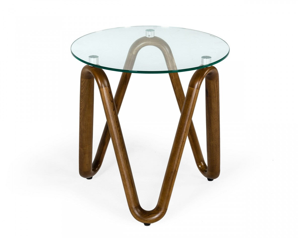 Walnut And Clear Glass Solid Wood Ribbon Base Round End Table By Homeroots | End Tables | Modishstore - 1